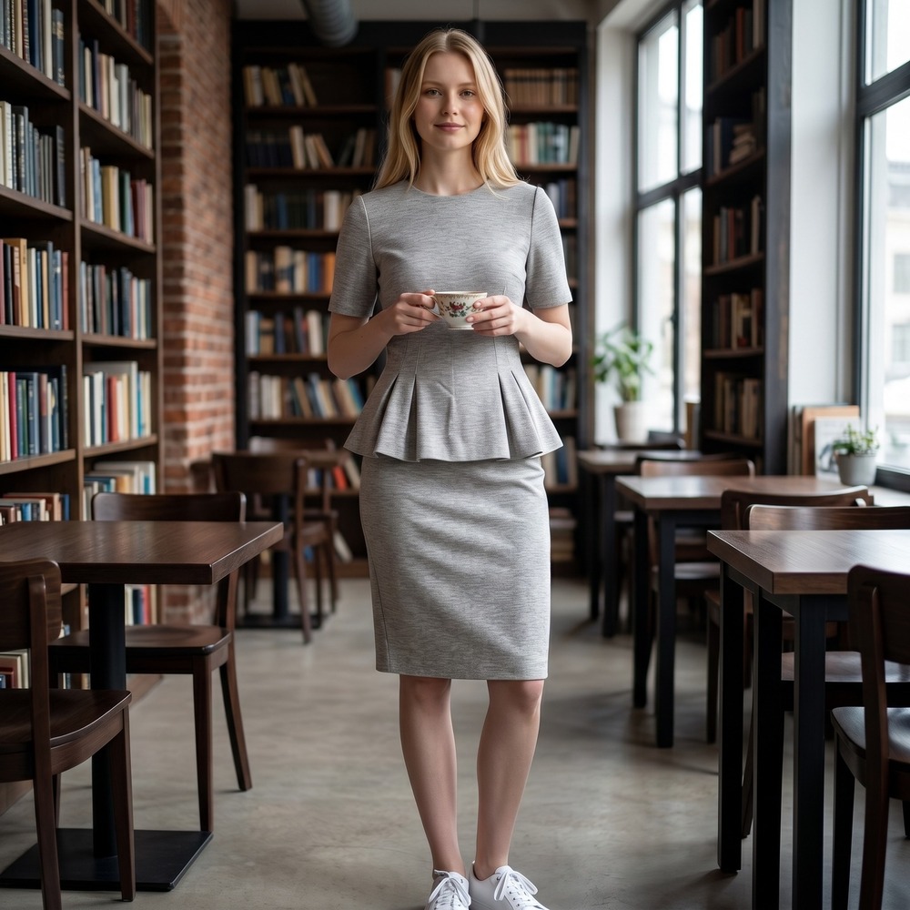 Ann Taylor Petite Grey Peplum Top and Pencil Skirt Set XXSP 0P Heathered‎ Knit